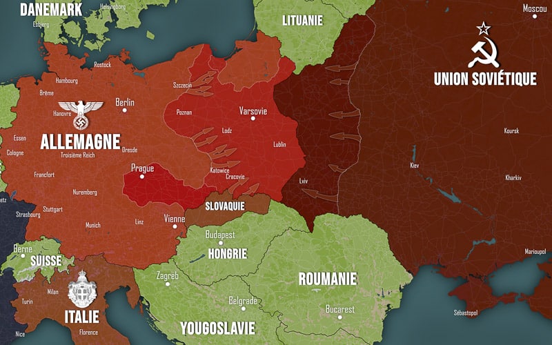 Suivant les clauses du pacte germano-soviétique, l'URSS attaque la Pologne, dont le territoire est partagé avec l'Allemagne nazie